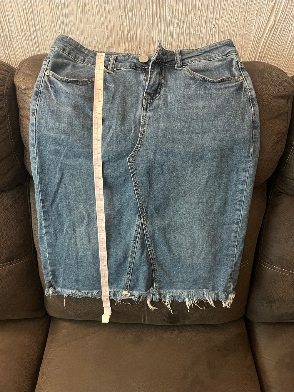 High-Rise Blue Denim Skirt with Frayed Hem